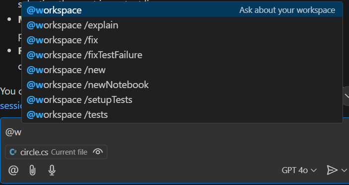 GitHub Copilot with the @w entered, which filters the responses to the commands that begin with w