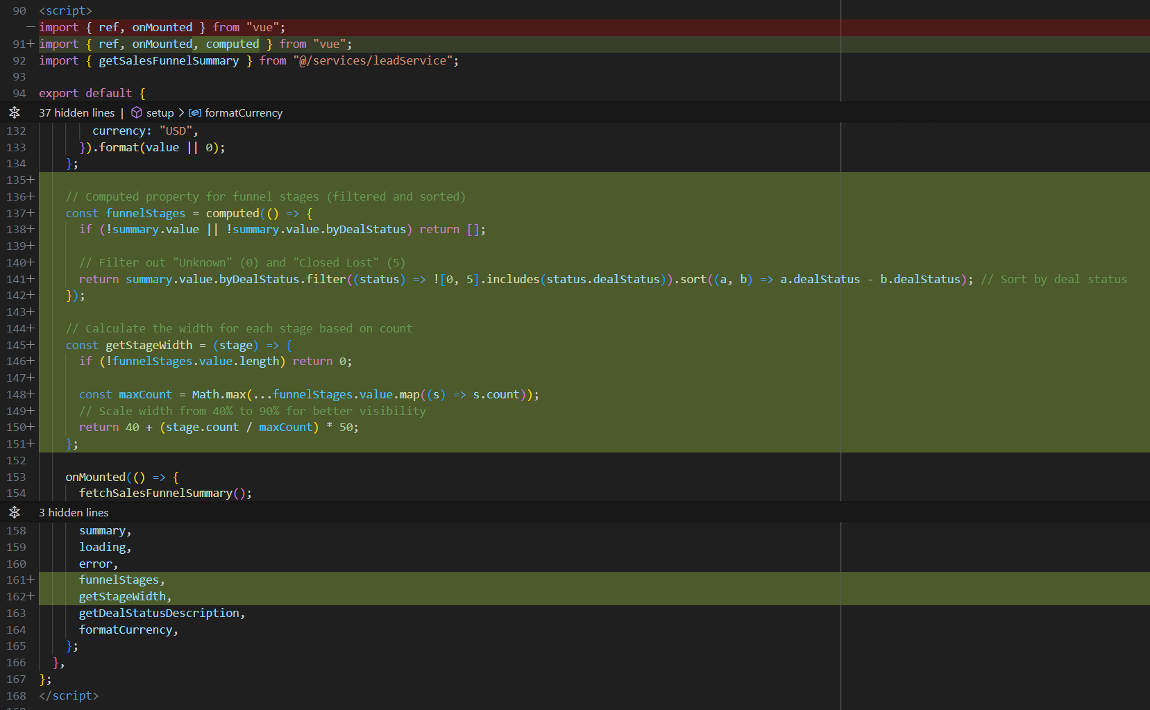 Changes to the vSalesFunnelSummary Vue Script implementing the function needed for the CSS data visualization