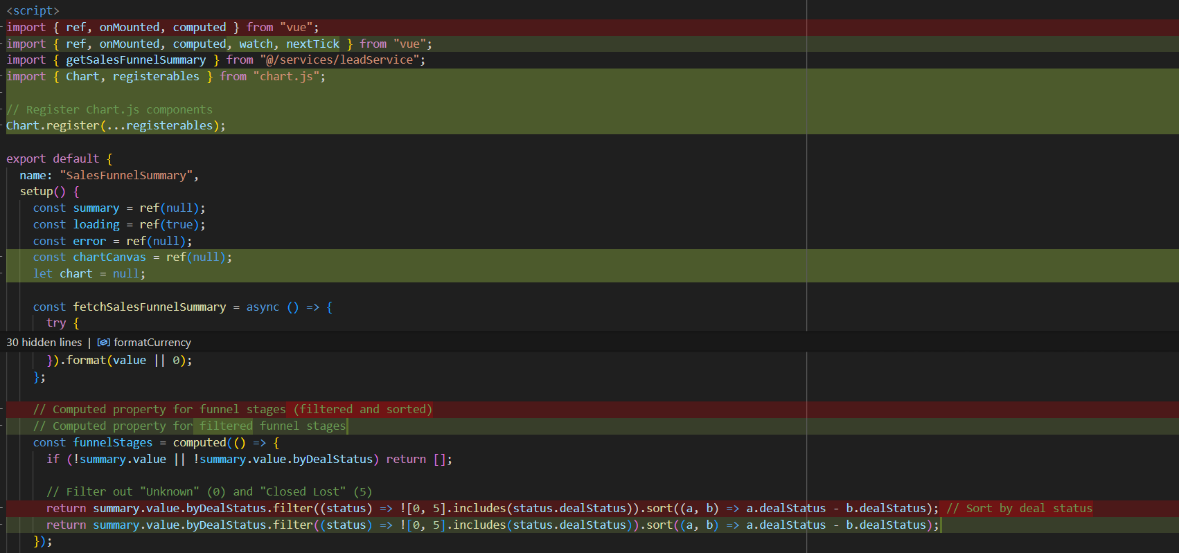 Importing the chart.js functions and triggers in the vSalesFunnelSummary Vue