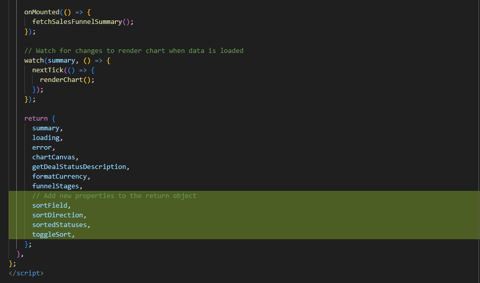The code changes to the return in the vSalesFunnelDetail Vue