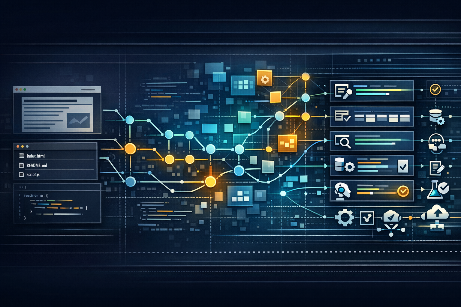 Wide banner illustrating the AI Practitioner Resources repository evolving from a basic static site into an AI-first platform with commit history, modular code, automation workflows, and AI-managed development.